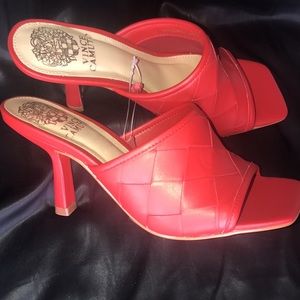 Vince Camuto | red leather square toe sandal heels